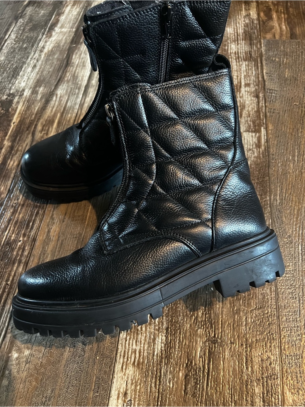 Quilted Black Leather Combat Boots with Chunky Lug Sole